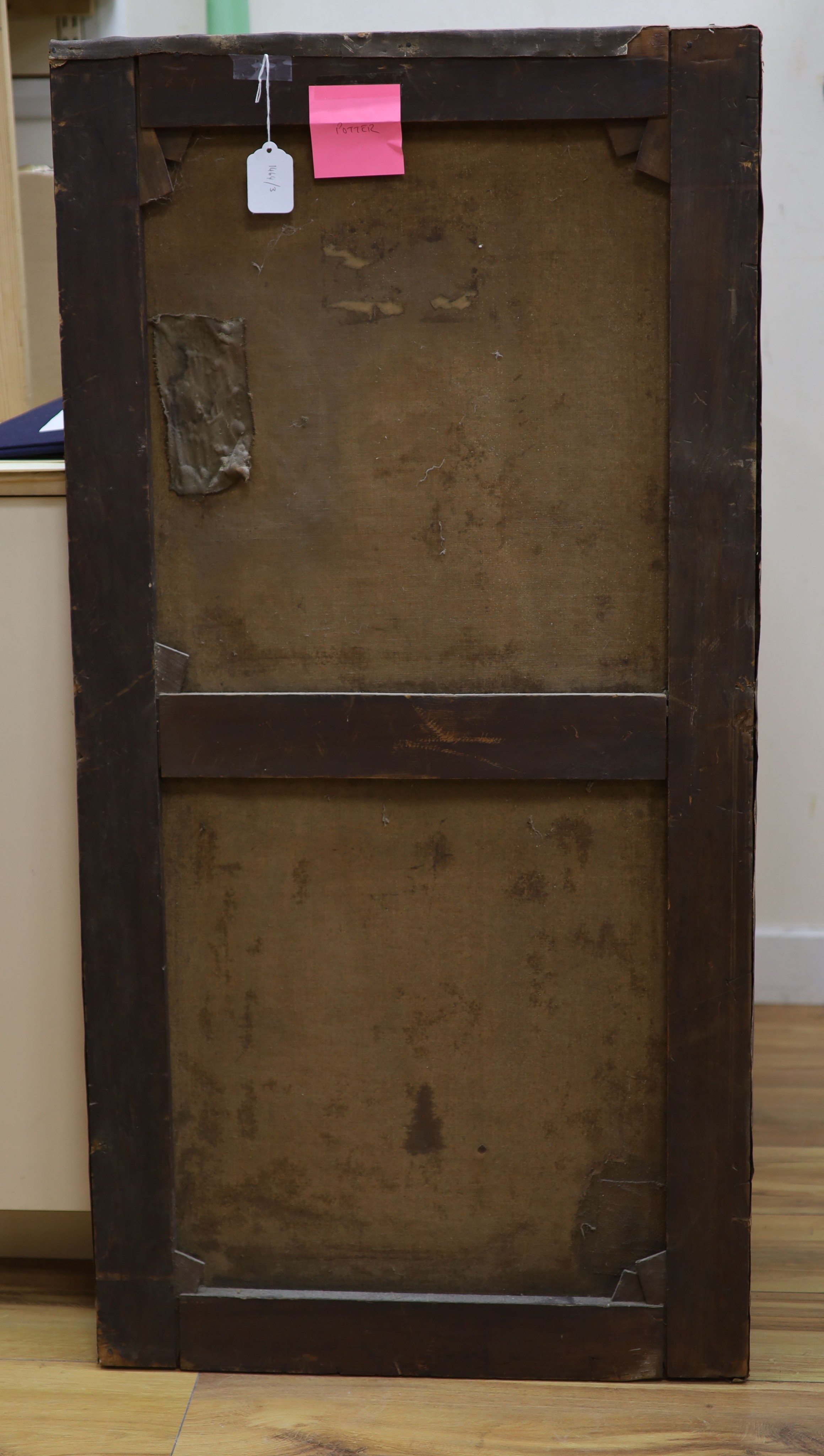 19th century English school, oil on canvas, The Annunciation, 112 x 56 cm, unframed.